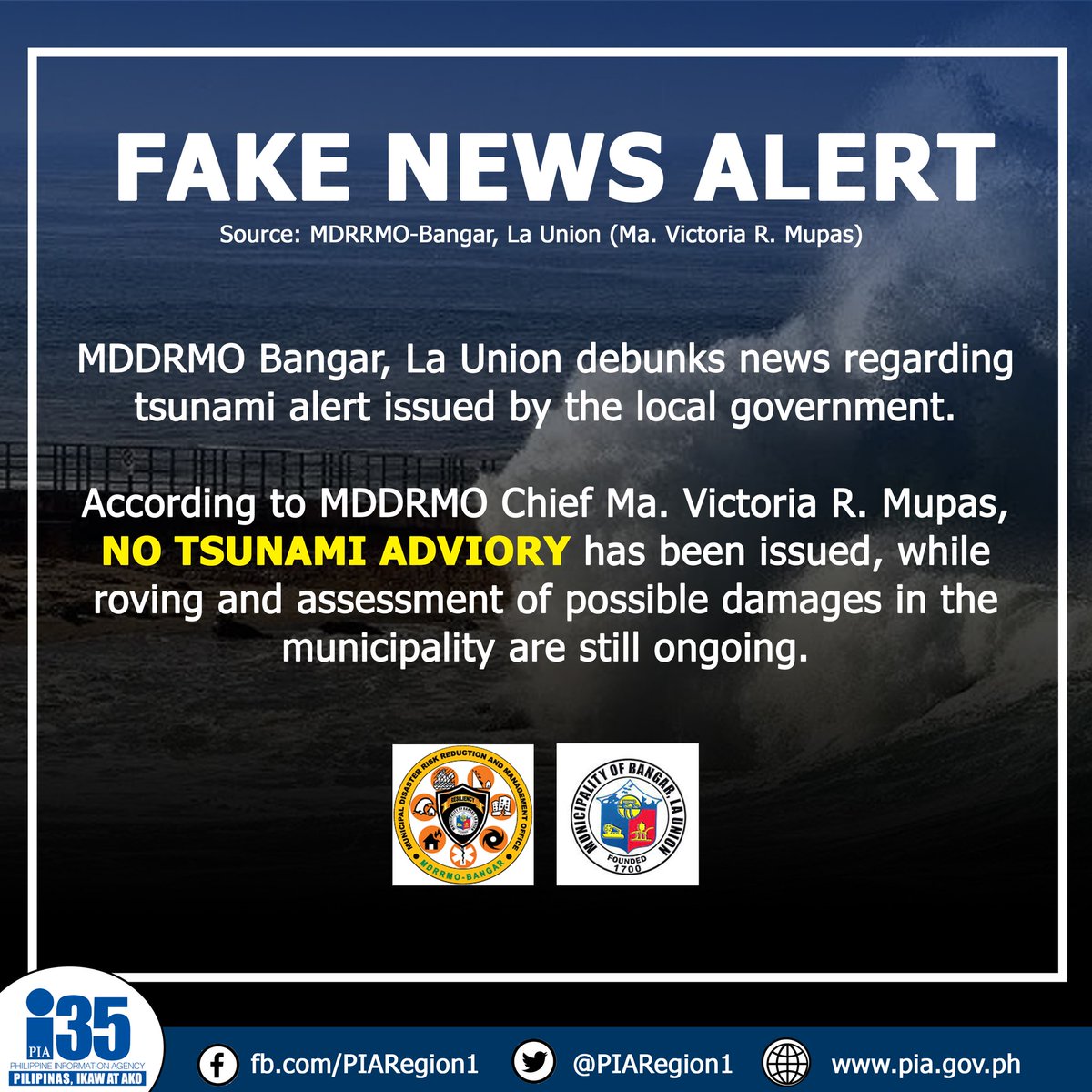 <a href="/indayevarona/">inday espina varona</a> Philippine Information Agency Region 1 the MDRRMO of Bangar, La Union says tsunami alert is fake. 

As <a href="/Weng_De_Vera/">Sherwin De Vera</a> reported earlier, Phivolcs said no tsunami threat as the earthquake was inland. The observed water drawback along the coast was the result of land movement.