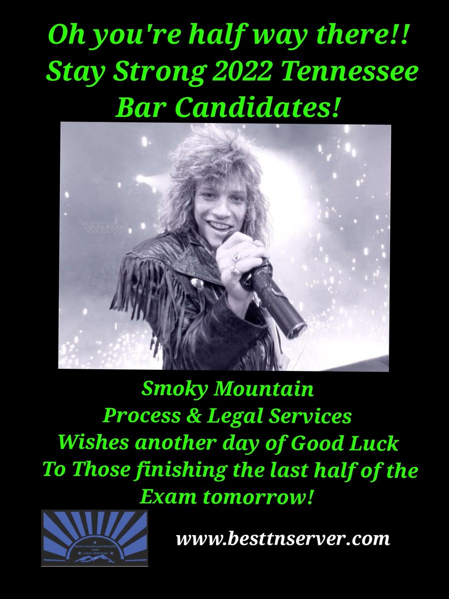 Smoky Mountain Process And Legal Services  wishes all of the Tennessee Bar Candidates another day of good luck tomorrow on the last half of the Bar Exam!!

#barexam 
#BarExam2022 
#tennesseebar 
#trusttheprocess 
#SmokyMountainProcess