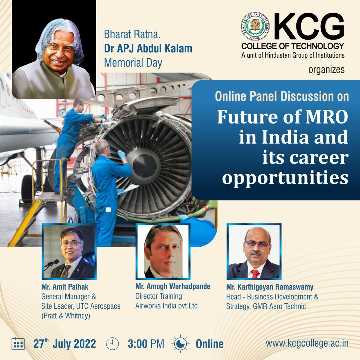 KCGtechnology's tweet photo. KCG College of Technology organizes a virtual Panel Discussion on Future of MRO in India &amp; Its Career Opportunities on 27th July 2022 at 3 PM in honour of Bharat Ratna Dr. APJ Abdul Kalam Memorial Day.

#KCGCollege #abdulkalam #Kalam #APJ_Abdul_Kalam #memorialday https://t.co/kWnD5a6pnC