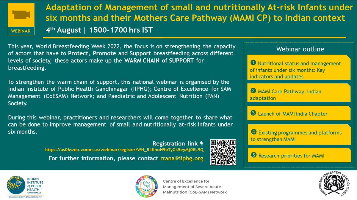 #WBW2022 is coming! #IIPHG #CoESAM Network #PANSociety are hosting ▶️ *MAMI Care Pathway: Indian Adaptation*                                                 🗓️4th Aug ⏳1500-1700 hrs IST               Registration link:  us06web.zoom.us/webinar/regist…