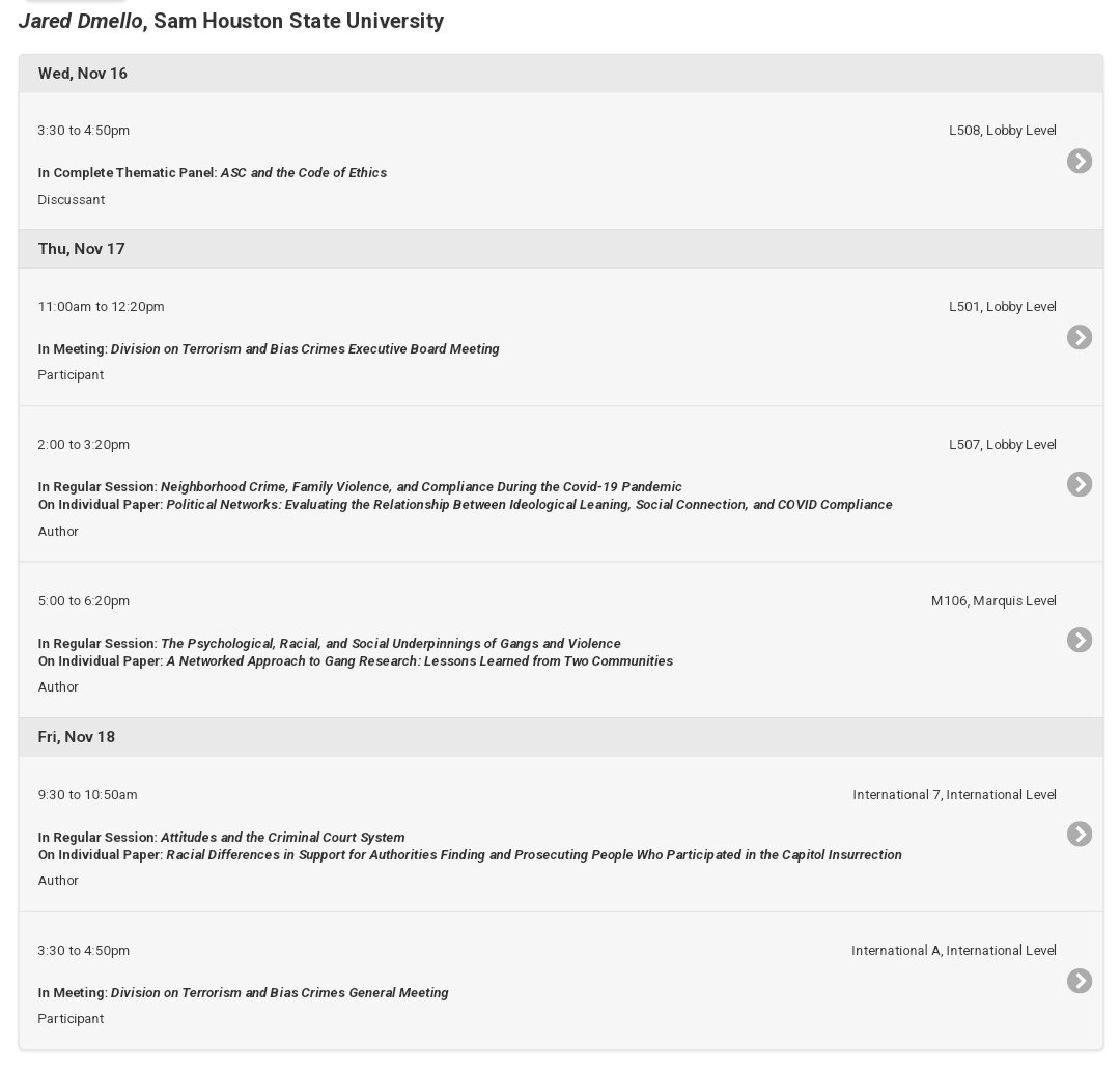 Jared R. Dmello, Ph.D. | जॅरड़ ड़िमेल्लो (@jaredrdmello) on Twitter photo Adding to the <a href="/ASCRM41/">Amer Soc of Crim</a> chorus today! Finally managed to not get a Saturday morning panel! Excited for some great presentations and meetings with lovely colleagues! <a href="/SHSUCJ/">SHSU Criminal Justice</a> <a href="/ascterrorism/">ASC Division on Terrorism & Bias Crimes</a> <a href="/ascdic/">@ascdic</a> <a href="/CCJR_CSUSB/">CCJR CSUSB</a> <a href="/Alex_Updegrove/">Alexander Updegrove</a> <a href="/LalyPalau/">Citlaly Palau</a> <a href="/NeuroPinkLab/">Angelique M. Blackburn, PhD</a> Adding to the <a href="/ASCRM41/">Amer Soc of Crim</a> chorus today! Finally managed to not get a Saturday morning panel! Excited for some great presentations and meetings with lovely colleagues! <a href="/SHSUCJ/">SHSU Criminal Justice</a> <a href="/ascterrorism/">ASC Division on Terrorism & Bias Crimes</a> <a href="/ascdic/">@ascdic</a> <a href="/CCJR_CSUSB/">CCJR CSUSB</a> <a href="/Alex_Updegrove/">Alexander Updegrove</a> <a href="/LalyPalau/">Citlaly Palau</a> <a href="/NeuroPinkLab/">Angelique M. Blackburn, PhD</a>
