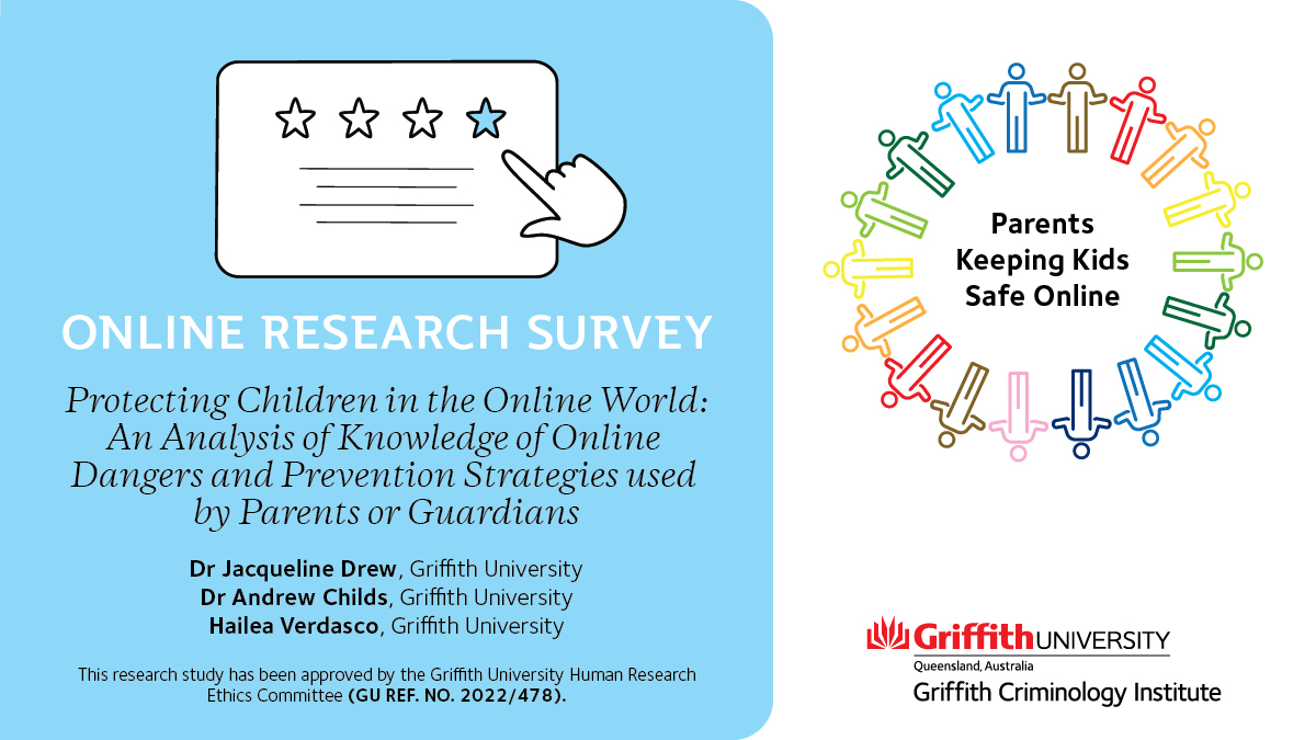 GriffCrimInst's tweet photo. CALL FOR PARTICIPANTS | If you are a parent or guardian of a child between 11 and 17 years, please participate in our research on protecting children in the online world. Click on this link to learn more about the research and complete a survey. https://t.co/iOuTumW9a5 https://t.co/ovI7UWGH83