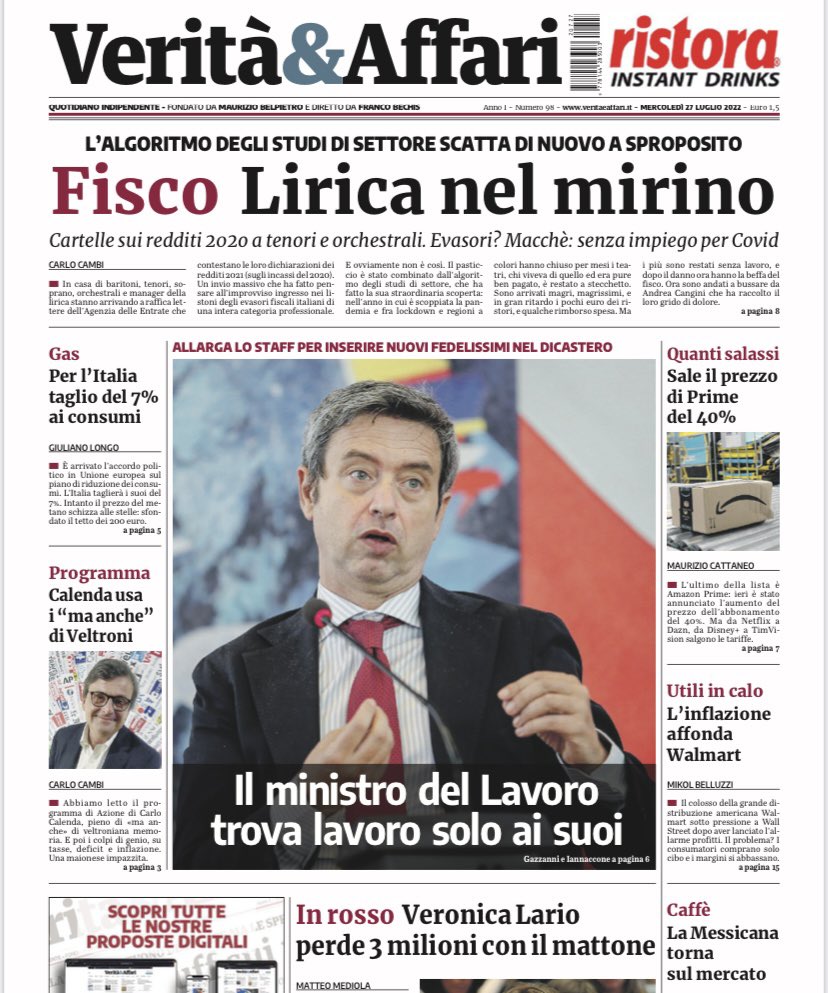 ➡️ #Fisco, lirica nel mirino
➡️ Il ministro del #Lavoro trova lavoro solo ai suoi
➡️ #VeronicaLario perde 3 milioni con il mattone

🗞 SU VERITÀ&AFFARI IN EDICOLA

#veritaeaffari #giornale