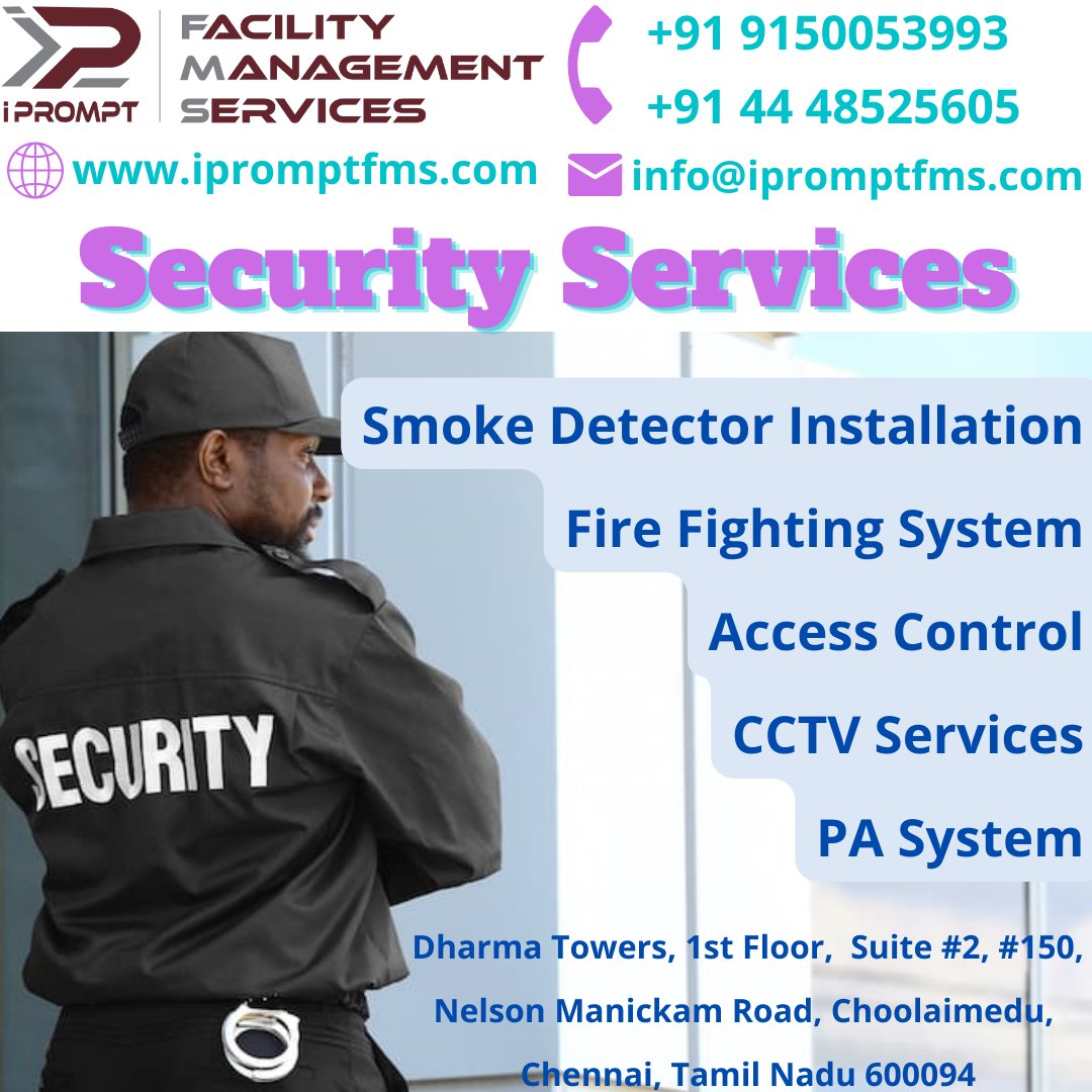 We, at i Prompt FMS, have perfected the process of selecting & deploying highly trained staff to meet your facility management demands. 
#ipromptfms
#securityservices
#SmokeDetectorInstallation
#firefightingsystem
#AccessControl
#Cctvservices
#facilitymanagementserviceschennai