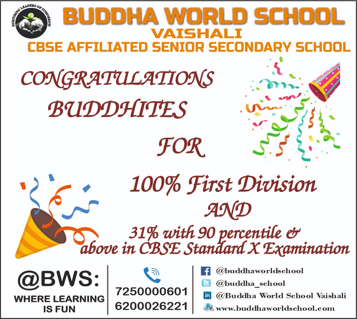 Congratulations to our Students & Acharayas of Buddha World School, Vaishali for securing 100% First Division result in CBSE 10th board examinations #cbse #CBSEResult #CBSEClass10 #cbseresult2022 #school #students #bws #wherelearningisfun @sarikamalhotra2 @Krish_Vaishali