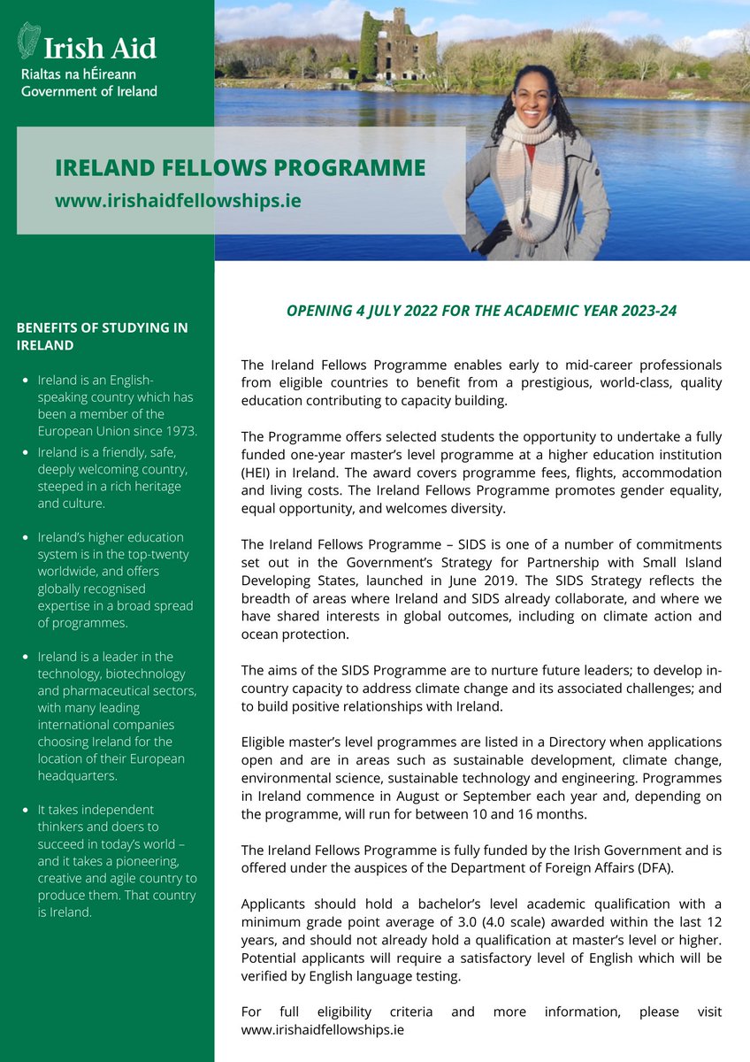 📢 To all our #Fiji #SolomonIslands #PNG #Nauru friends:

Deadline for Ireland Fellows Programme applications for the academic year 2023/24 is this Sunday 31 July 22. Make sure you don't miss out on this opportunity. <a href="/ICOSirl/">Irish Council for International Students (ICOS)</a> <a href="/ForumSEC/">Pacific Islands Forum</a> #SIDS 

👉 bit.ly/2UrGGl0