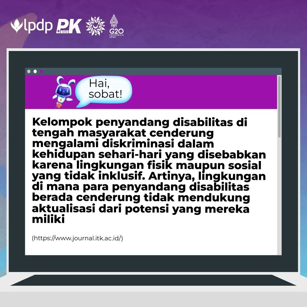 ef. (@esyaifullah) on Twitter photo Tahukah sobat bahwa sahabat penyandang disabilitas juga memiliki kesempatan yang sama untuk terlibat dalam UMKM. Lalu, seperti apakah yang harus ditempuh sebuah UMKM untuk melibatkan penyandang disabilitas?
<a href="/LPDP_RI/">#DiriUntukNegeri</a>
#DiriUntukNegeri #SDMUnggulIndonesiaMaju #AkuPastiMengabdi Tahukah sobat bahwa sahabat penyandang disabilitas juga memiliki kesempatan yang sama untuk terlibat dalam UMKM. Lalu, seperti apakah yang harus ditempuh sebuah UMKM untuk melibatkan penyandang disabilitas?
<a href="/LPDP_RI/">#DiriUntukNegeri</a>
#DiriUntukNegeri #SDMUnggulIndonesiaMaju #AkuPastiMengabdi