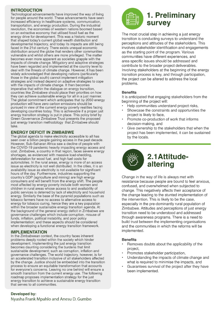 greengovzw1's tweet photo. POLICY BRIEF: Our #JustEnergyTransition Policy Brief is out!
With support from @OxfaminSAF
we developed this proposed roadmap to ensure a just energy transition for Zim.  @SwedeninZW @UNDPZimbabwe @environdept @ACCESSCSOs @verozano @ProsperBMatondi Link: https://t.co/IZzb8kDOfS https://t.co/U84zXCk8LG