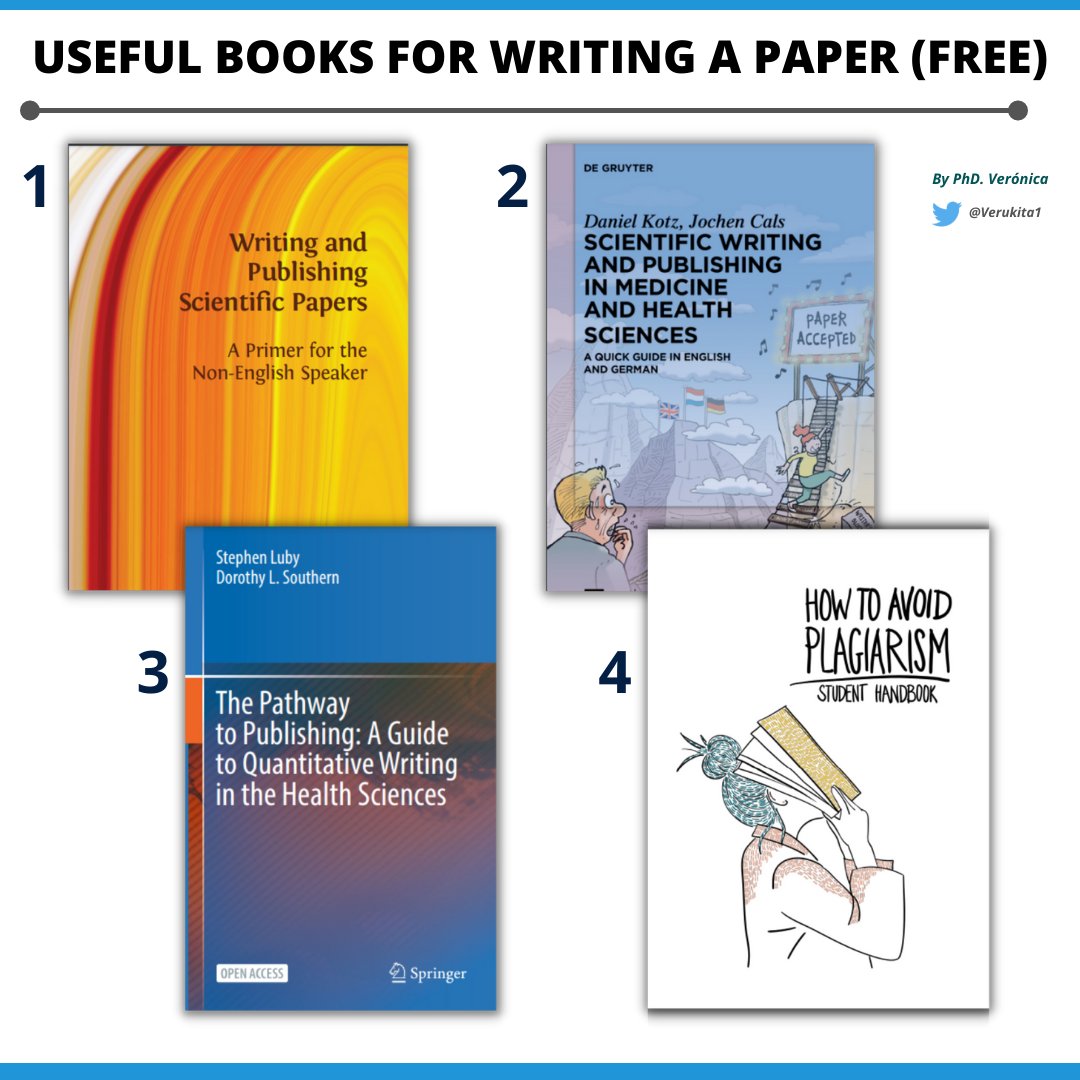 Verukita1's tweet photo. Useful books for writing a paper (open-access)
 Below i share the links.
#AcademicTwitter #PhD  #Bioinformatics #datascience  #Biology #NodeXL #neuroscience  #phdchat #postdoc  #methodology #Journals #OpenAccess #dataviz #science #academic #phdlife #research https://t.co/lxOp3uNL2Y
