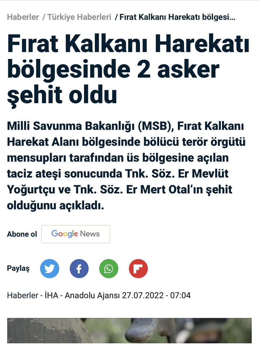 Fırat Kalkanı Harekatı bölgesinde teröristlerin açtığı ateş sonucu şehit olan askerlerimiz Mevlüt Yoğurtçu ve Mert Otal’a Allah’tan rahmet, kıymetli ailelerine ve aziz milletimize baş sağlığı diliyorum.🇹🇷