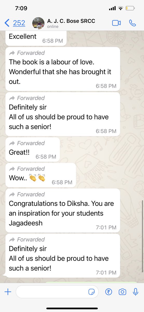 dikshadwivedi's tweet photo. Yesterday was such a good day. Texts are from one of my professors Dr. AJC Bose who had the funnest way of teaching #PrinciplesOFEconomics at @SRCCEcosoc . Nothing makes you happier in life than this feeling of your alma mater cheering you on from behind the scenes. https://t.co/RkMFZH3wq8