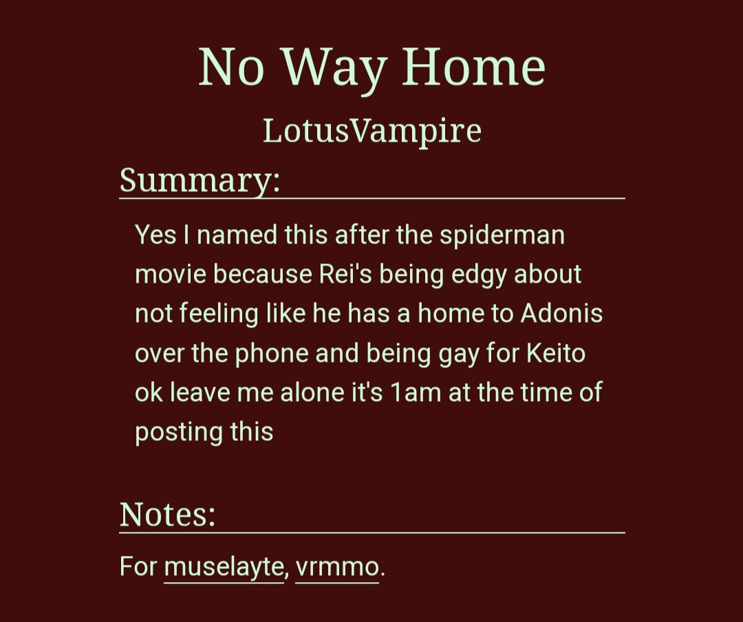 Lotus_Vampire's tweet photo. Angsty #CrossroadWeek2022
Day 3: No Way Home 
Pairing: Reikei 
Characters: Rei, Adonis
https://t.co/6vL4X5ITXG https://t.co/GwuoOFSRaQ