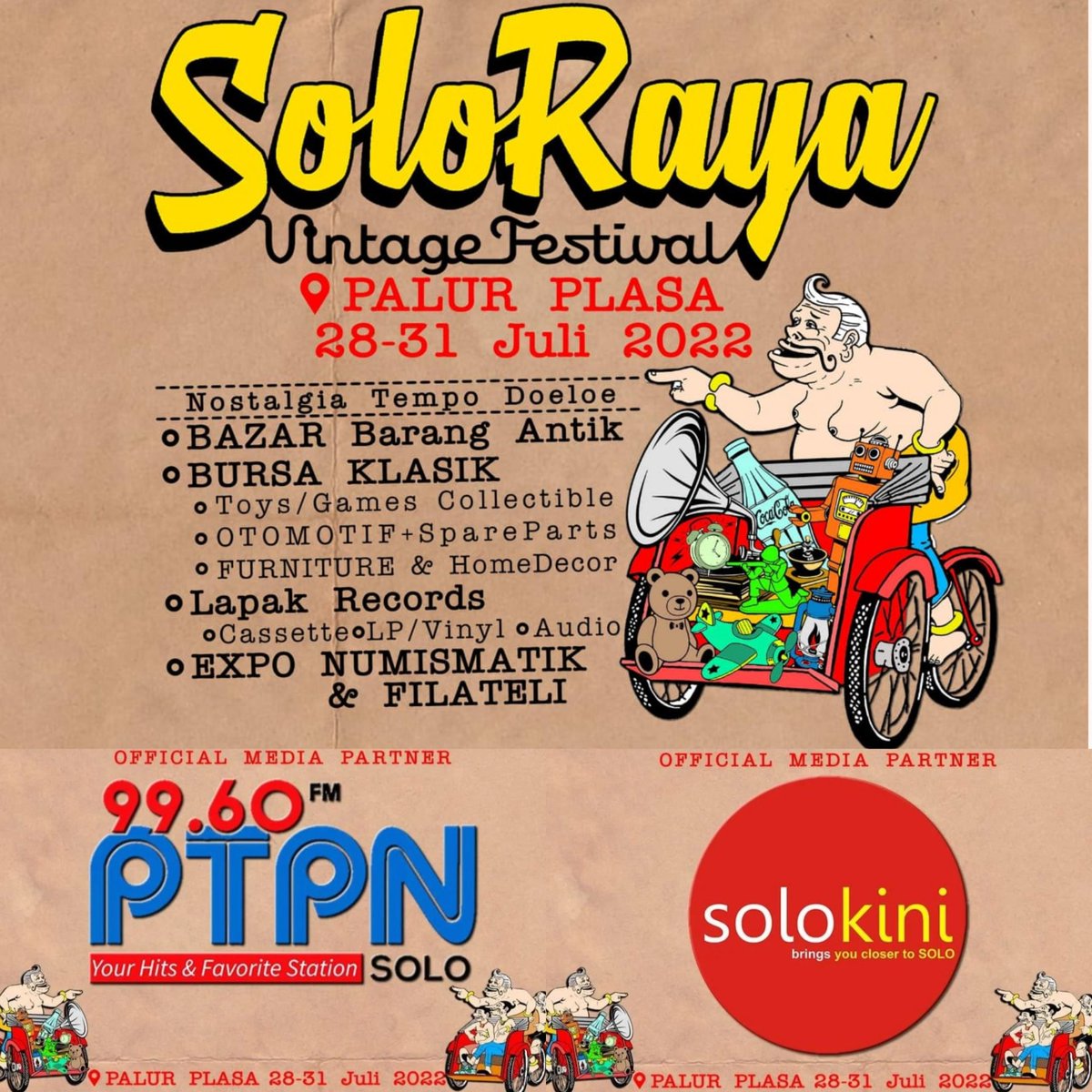 "SOLORAYA VINTAGE FESTIVAL 2022" 

🏢 Lt 1
🗒️ 27 - 31 Juli 2022
⏱️ 10.00-21.00 WIB 

Free masuk..Cukup Follow :
@solorayafest 
<a href="/palur_plasa/">Palur Plasa</a>

" Sebanyak 230 stand Thrift,Preloved,Culinary,Community,Vintage.
#palurplasa #solorayavintagefestival #karanganyar