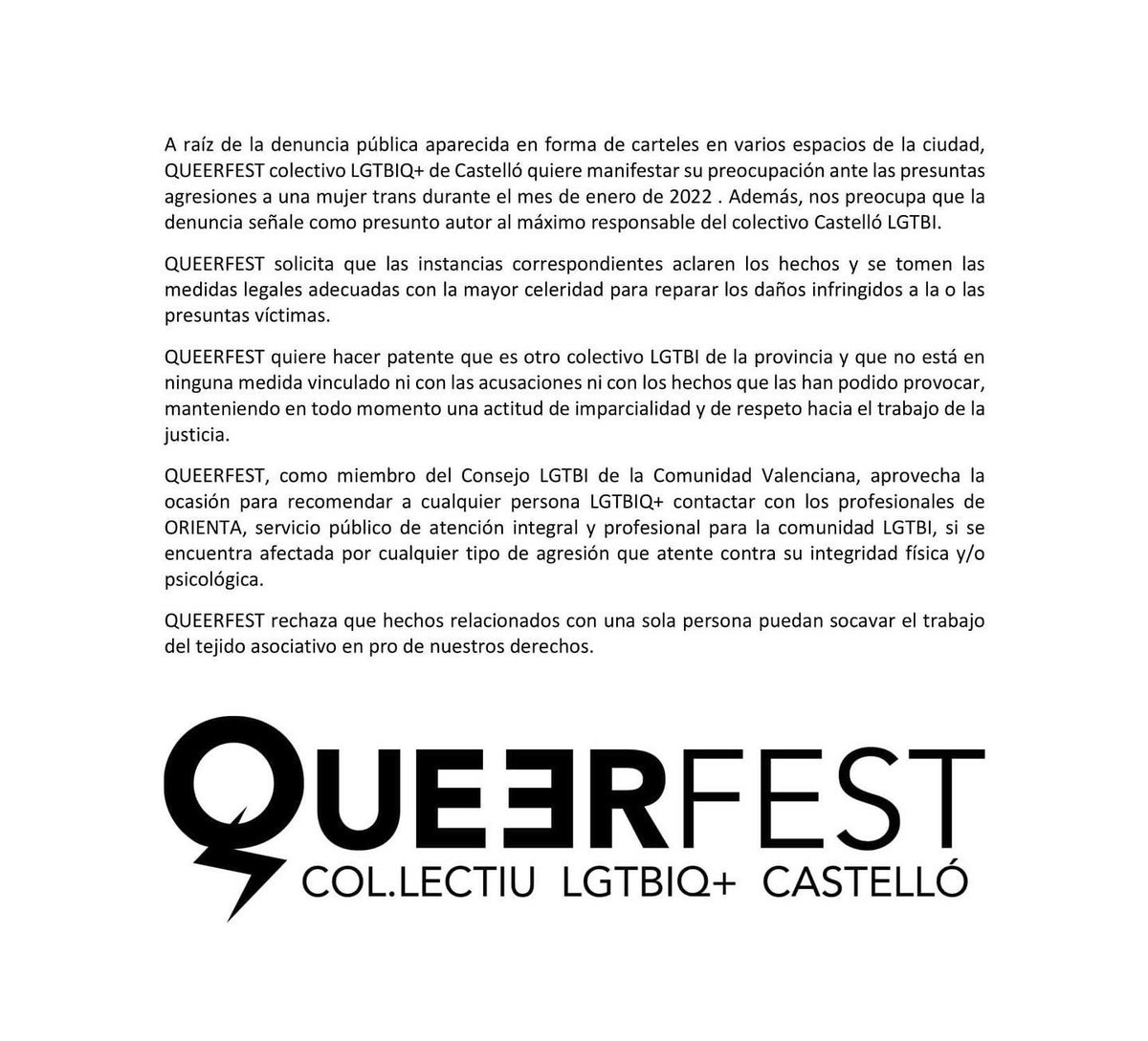 Queer_Fest_'s tweet image. Comunicat Queerfest col.lectiu LGTBIQ+ a Castelló