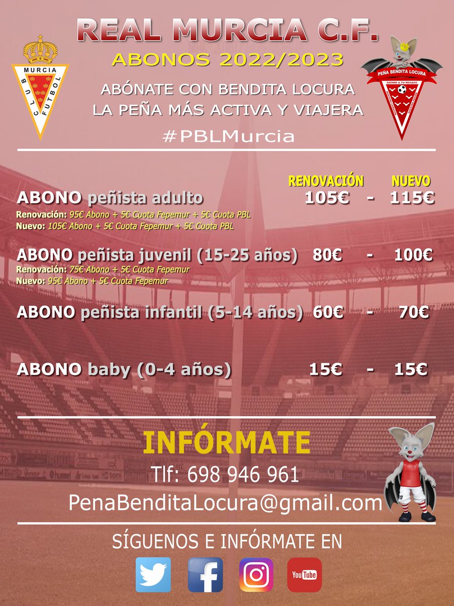 P_BenditaLocura's tweet photo. Abonarte al #RealMurcia con la #peña más activa y viajera del #murcianimo y disfrutar de una temporada espectacular rodeado del mejor ambiente y familiar

Únete al movimiento peñista con #BenditaLocura 👇:

https://t.co/Lz8Byu3ESx

Infórmate en el 694 946 961

#Fepemur #PBLMurcia https://t.co/T9gFiHDQrz
