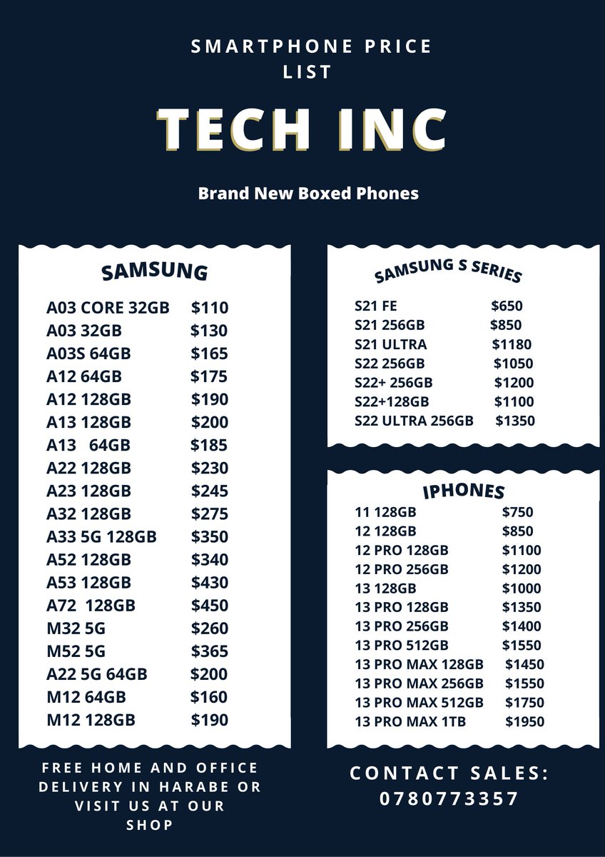 Techinczw's tweet photo. Our Smartphone Price List
TECH INC 
FREE HOME AND OFFICE DELIVERY
IN HARARE OR VISIT US AT OUR SHOP
0780773357
CALL
WHATSAPP
#Zimbabwe
#Harare
#SMARTPHONE 
#Smartphones
#techinc
#techinczw https://t.co/FJkhSaAmIQ