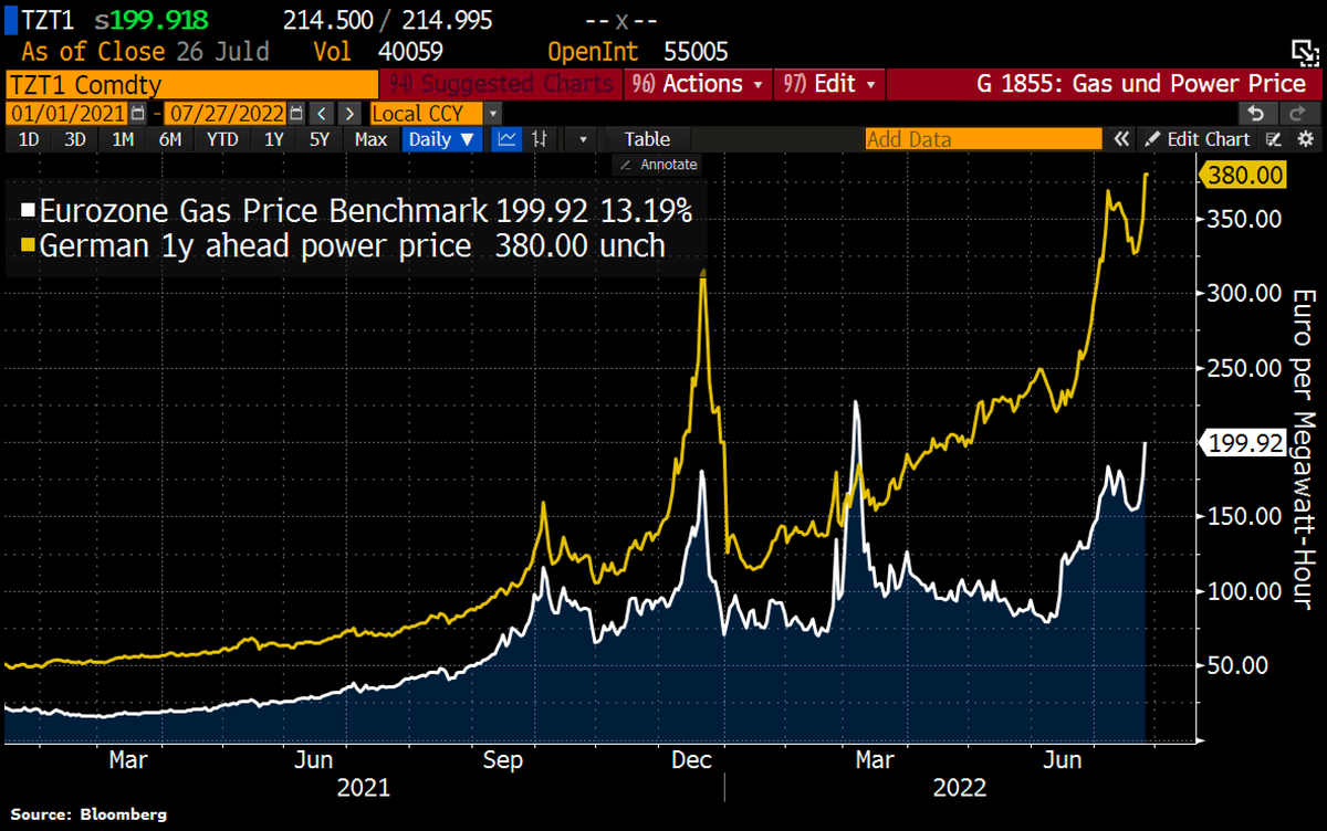 Schuldensuehner's tweet photo. This horror chart suggests that #Germany is heading for a huge energy crisis. Not only are gas prices near record highs, but electricity prices in particular are signaling stress. https://t.co/8zxueSGhxh
