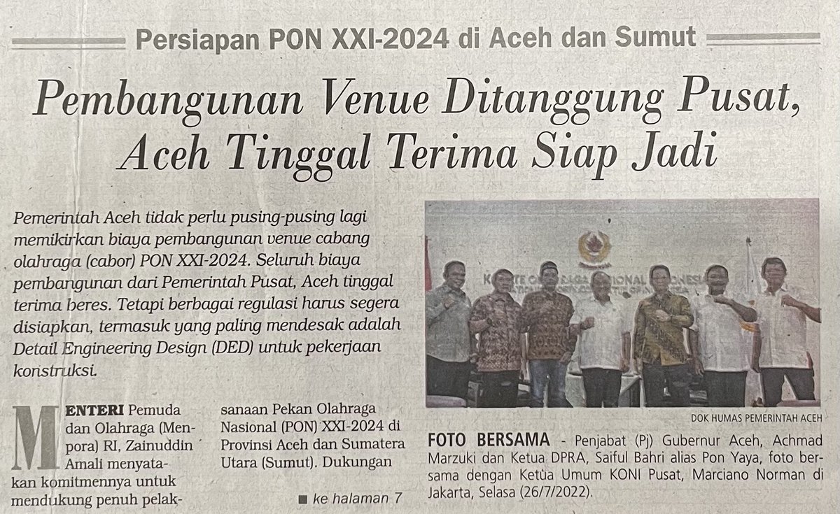 TBNuzullah's tweet photo. Persiapan PON XXI 2024 ACEH.
Alhamdulillah...
Terima Kasih Bapak Menpora dan Bapak Pj.Gubernur.
Venue ditanggung Pusat,
Aceh Terima Siap Jadi.
#AcehTeuga
#AcehJuara
@KEMENPORA_RI  @BappenasRI https://t.co/2wKyg1cpIU
