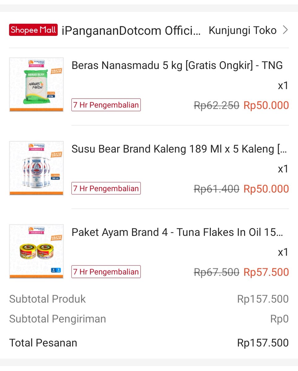 Nemu toko sembako di shopee yg gratis ongkir tanpa masukin kode promo. Mau beli beras berkilo2, minyak, indomie sekardus, apa aja ongkirnya Rp0, apapun metode pembayarannya gratis ongkir.

Mantep bgt, mana harganya murah lagi, auto langganan haha..