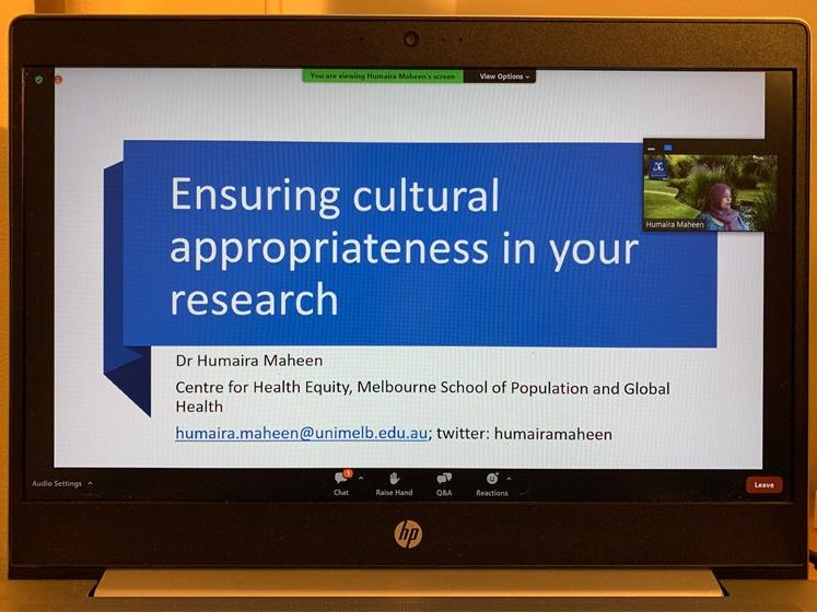 MACHAustralia's tweet photo. Great presentation from @humairamaheen on what to consider at various stages to ensure cultural appropriateness in your research https://t.co/B5ctVZKtvp
