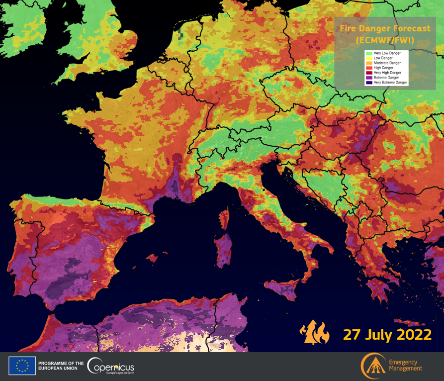 CopernicusEMS's tweet photo. #EFFIS Fire Danger Forecast for 27 July

🔥Very Extreme Danger in several areas of #Spain🇪🇸, France🇫🇷,#Italy🇮🇹, in #Crete🇬🇷, as well as in #Morocco 🇲🇦, #Tunisia🇹🇳 and #Algeria🇩🇿

🔥Extreme Danger forecasted in areas of:
🇵🇹🇪🇸🇫🇷🇮🇹🇬🇷🇭🇺🇷🇴🇷🇸🇦🇱🇹🇷🇩🇿🇹🇳🇲🇦 https://t.co/fT4nUb8nXF