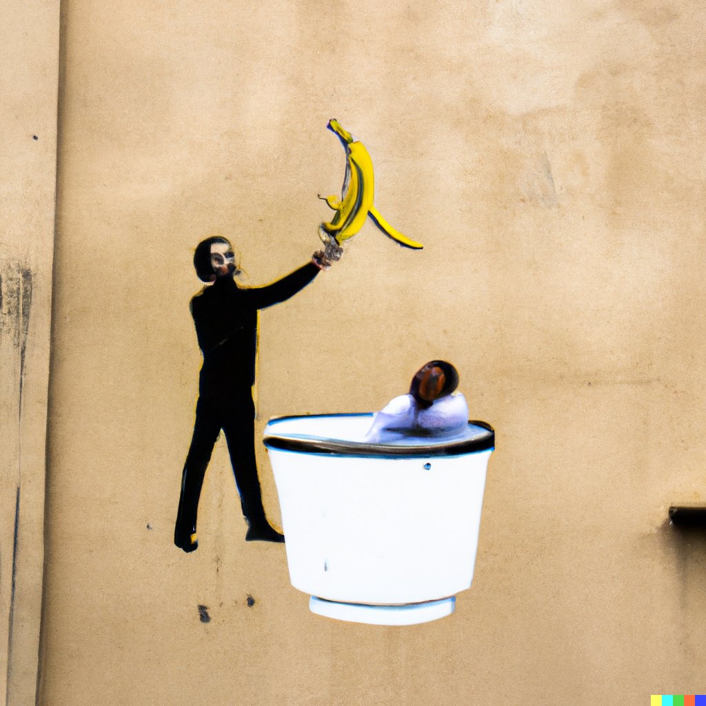 MildBits710's tweet photo. "A graffiti in the style of banksy with a guy throwing a bowl of banana" Dall-e is Hilarious https://t.co/cpXxf6De0D
