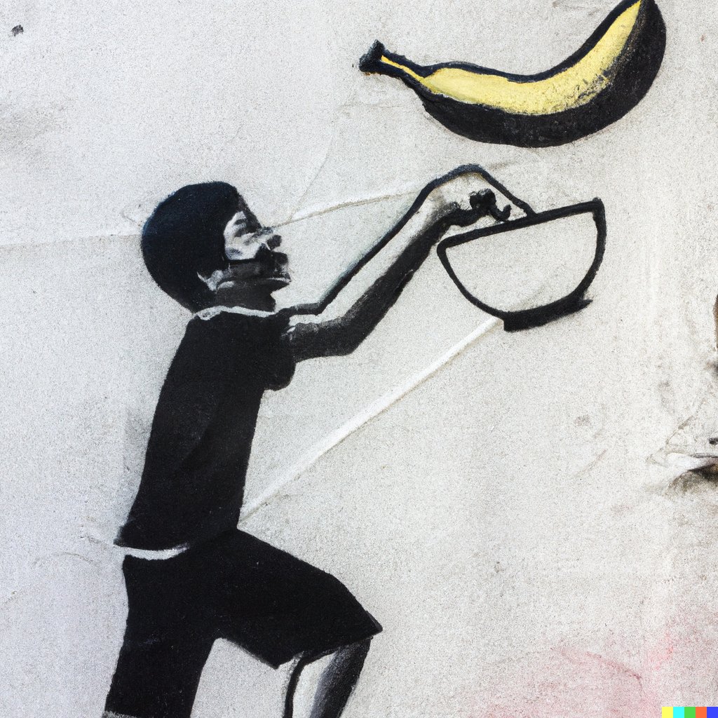 MildBits710's tweet photo. "A graffiti in the style of banksy with a guy throwing a bowl of banana" Dall-e is Hilarious https://t.co/cpXxf6De0D