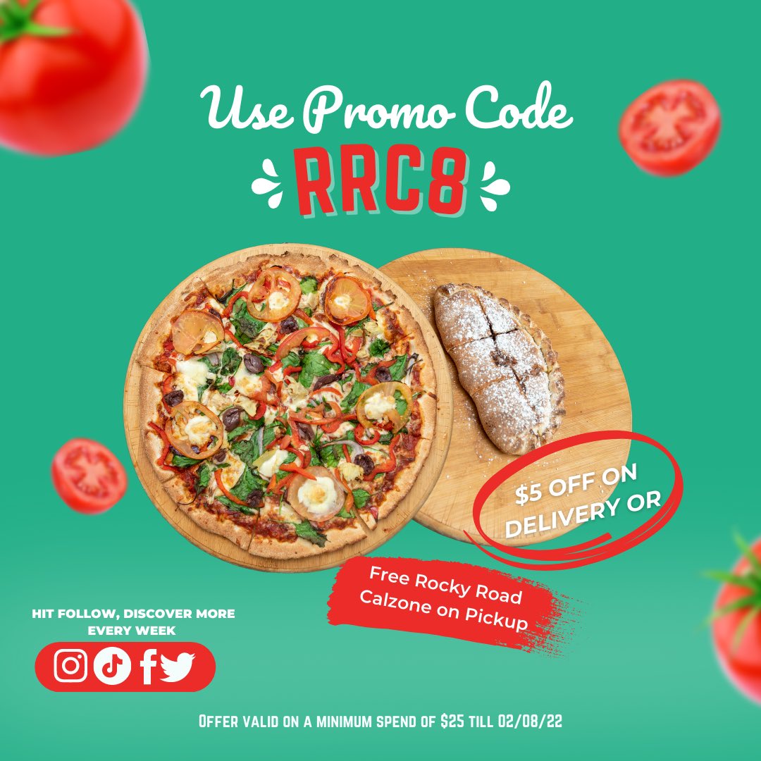 Pizzarazzipizza's tweet photo. Weekly Forecast: 🍕🍫🍕🍫🍕🍫
Use RRC8 to get Free Rocky Road Calzone on Pickup or $5 Off on Delivery. 
Offer valid on a minimum spend of $25 till 02/08/22.
T&amp;Cs Apply.

 #hobart #hobartfood #hobarteats #discovertasmania #tassielife #eatoutintassie https://t.co/kNm00PqV8A