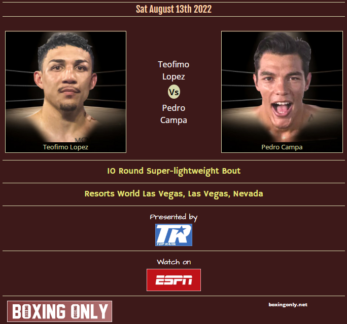 BoxingOnly5's tweet photo. 🥊 Teofimo Lopez vs Pedro Campa
📅 Saturday 13th August
🏦 Resorts World Las Vegas
🏆 10 Round Super-lightweight Bout
📢 Top Rank
📺 ESPN
🔗 https://t.co/tcSIMP2uk1

#lopezcampa @ResortsWorldLV @TopRankPR @EspnBoxing #boxing #boxingnews #boxingonly https://t.co/MtQBRwOSEY