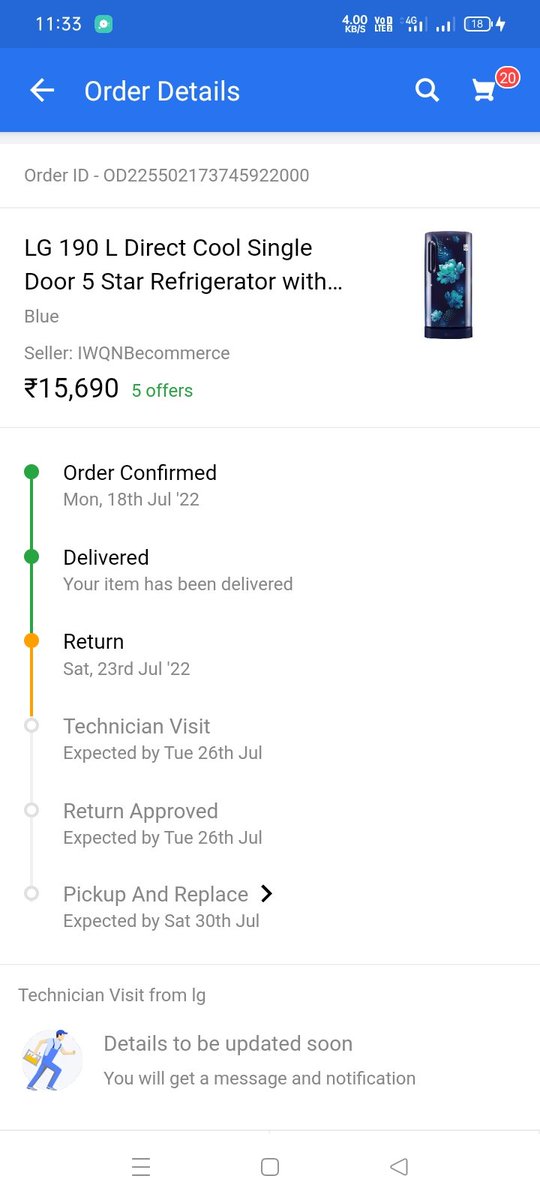 Kindly return it &amp; refund money asap. Pls give approval for return,same is pending from 7 days. I'm not satisfied with this product.

<a href="/flipkartsupport/">FlipkartSupport</a> <a href="/Flipkart/">Flipkart</a> <a href="/FlipkartW/">Flipkart Walmart</a> <a href="/_Kalyan_K/">Kalyan Krishnamurthy</a> <a href="/LGUS/">LG Electronics</a>
<a href="/aajtak/">AajTak</a>

LG REFRIGERATOR