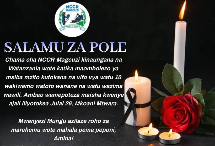 SALAMU ZA POLE

Tunaungana na Watanzania ulimwenguni kote katika maombolezo ya Msiba mzito kutokana na vifo vya watu kumi Mkoani Mtwara.

Mwenyezi Mungu azilaze roho za marehemu wote mahala pema peponi, Amina!

#SalamuZaPole