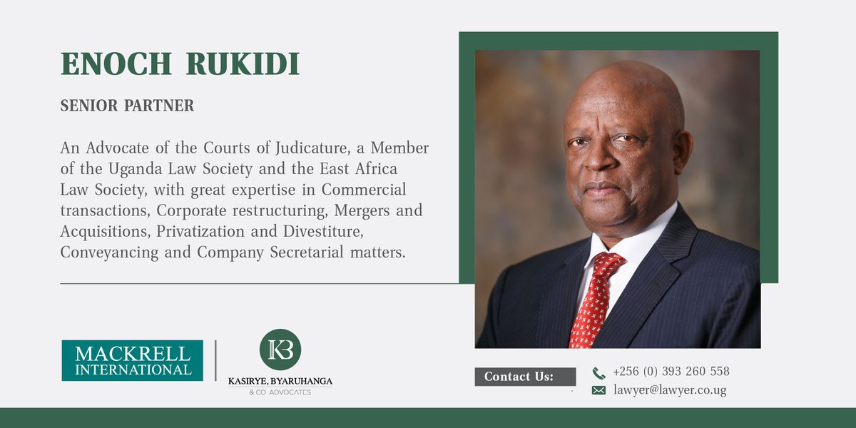 KBLawyersUg's tweet photo. #IntroducingOurPartners
 
Mr. Enock Rukidi, Senior Partner at KB &amp; Co. advocates.

An Advocate of the Courts of Judicature, a Member of the #Uganda Law Society &amp; the #EastAfrica Law Society, with great expertise in #Commercial transactions, #Corporate restructuring, #Mergers and https://t.co/5XCBGiZCvX