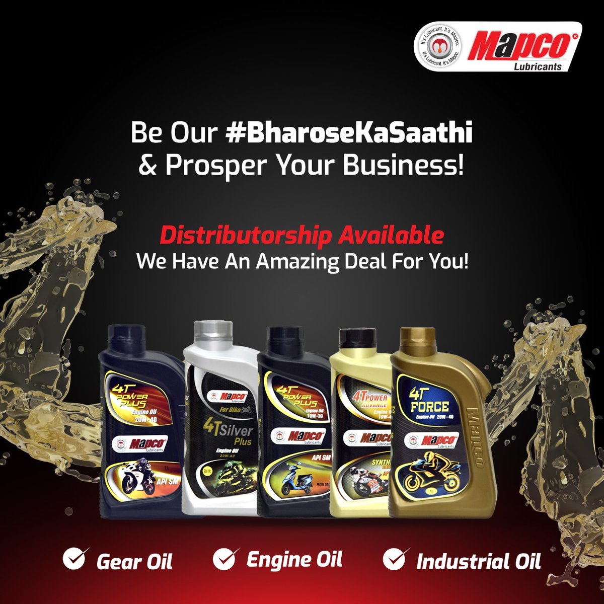 MapcoCorporati2's tweet photo. Aspired to this mantra, Mapco Lubricants is offering an exclusive business opportunity to become our distributor partner. To know more about our product range, feel free to contact us at 9167194258

#BharoseKaSathi #LubricantsManufacture #engineoil #Caroil #Engineoilmanufacture https://t.co/a5Tnd69kJr