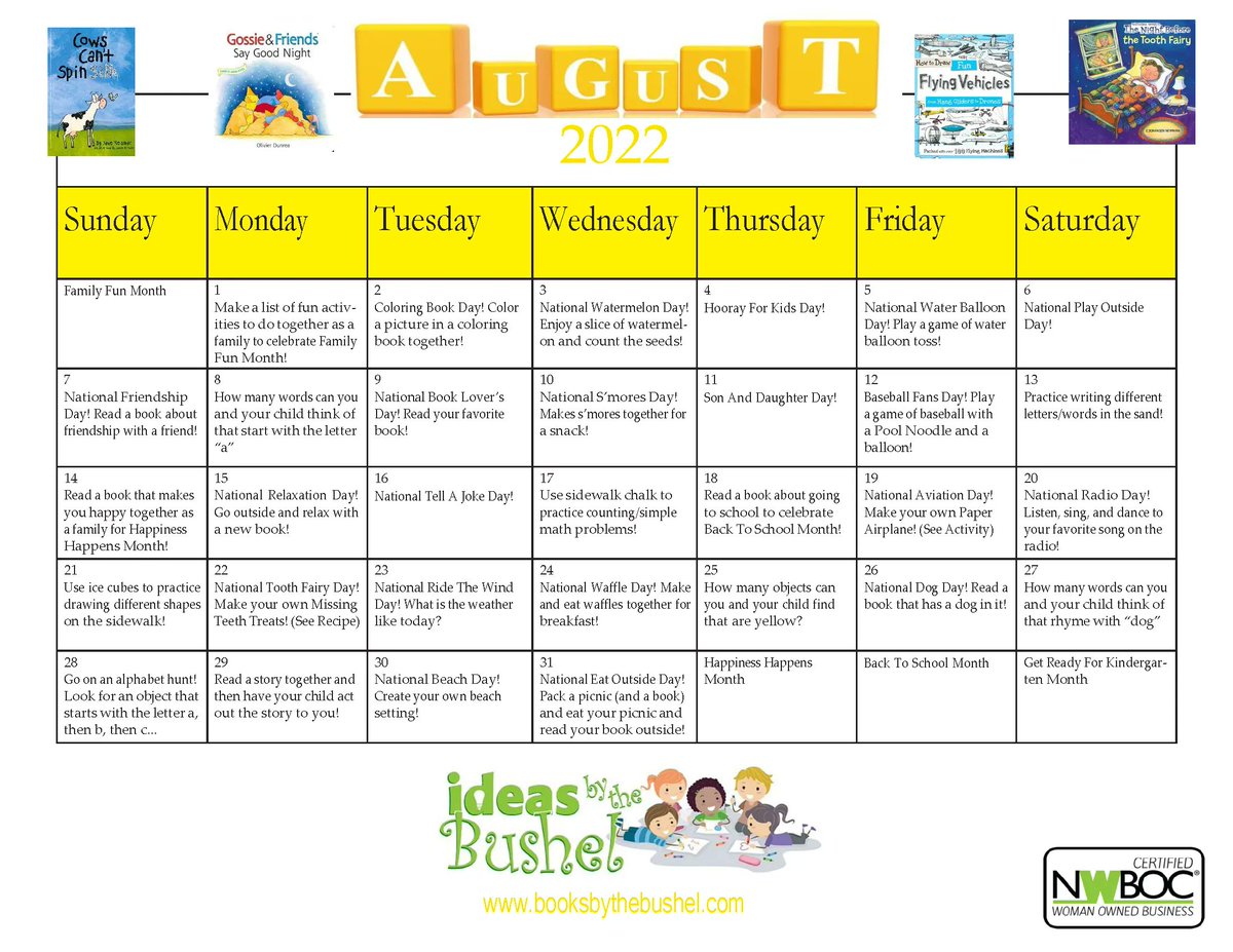 August Activity Calendars are up and downloadable on our website! 
buff.ly/3E96mVz
#BooksByTheBushel #ParentsAsTeachers #ActivityForKids #reachoutandread