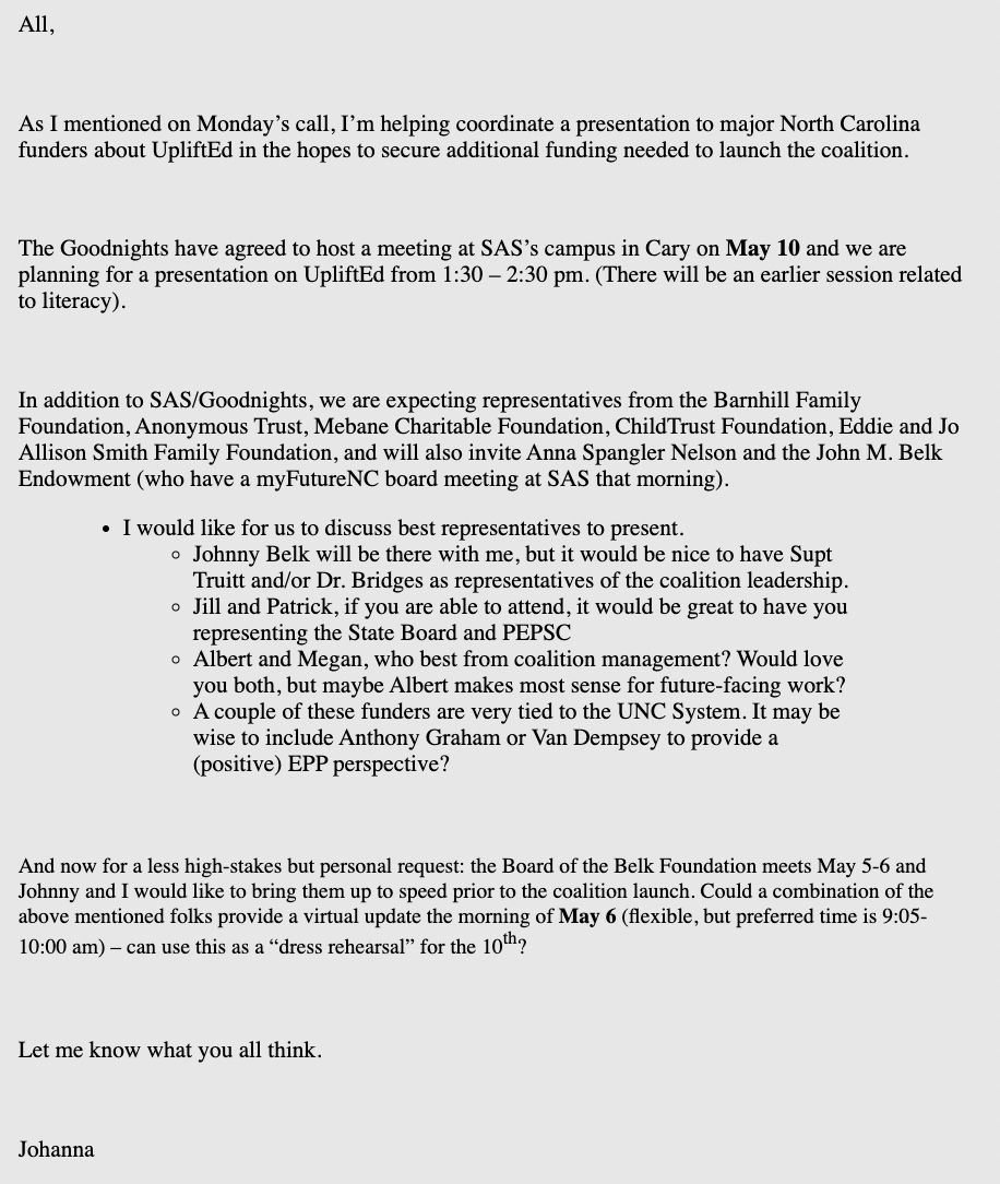 Today's NC merit pay public records release is an April, 2022 email from then-Belk Foundation ED Johanna Anderson to Eckel and Vaughan's Albert Eckel, #PEPSC Chair Patrick Miller, DPI's Tom Tomberlin, SBE's Jill Camnitz, and SREB's Megan Boren. 
#nced #ncpol #ExperienceMatters4NC