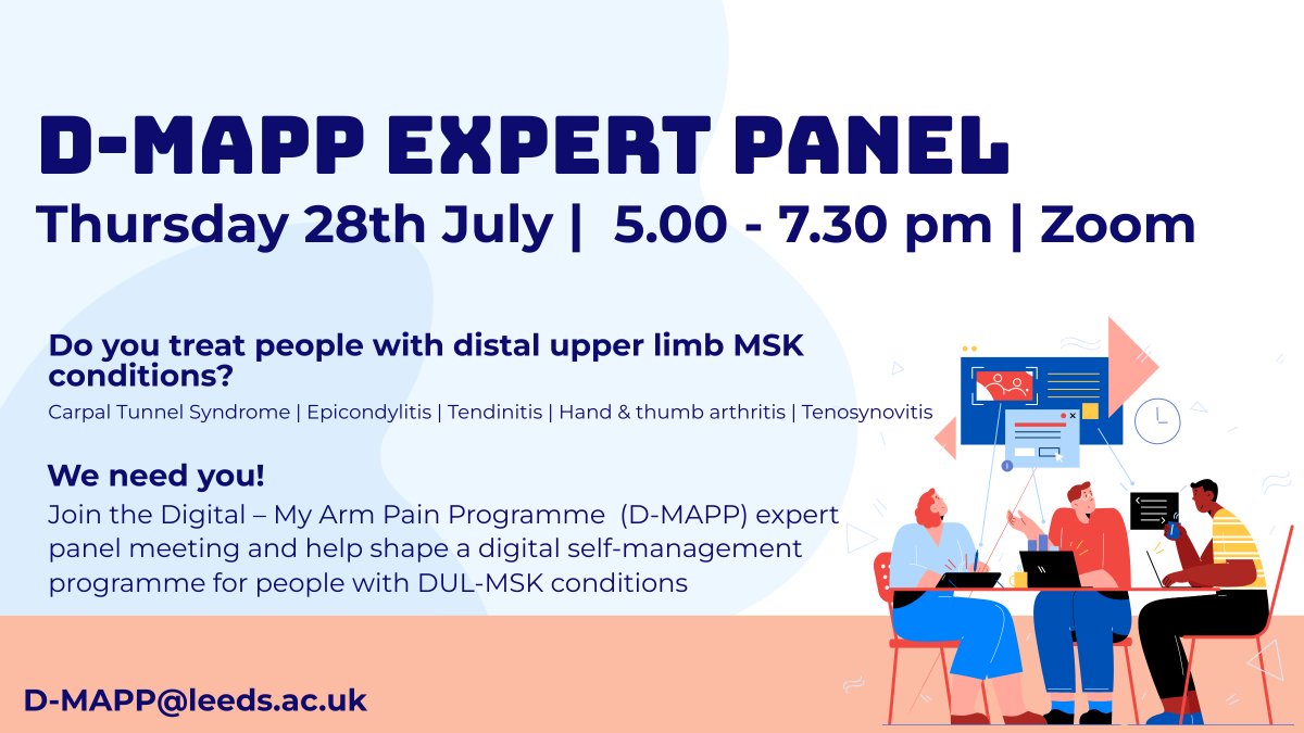 D-MAPP (@dmapp_uk) on Twitter photo Tomorrow there will be a zoom full of MSK Physios, Occupational therapists, Hand therapists, GPs, Hand surgeons & Rheumatologists for our expert panel meeting - we can't wait!
If this sounds like your idea of fun too, you can still join! DM/ D-MAPP@leeds.ac.uk
#MSK #handtherapy Tomorrow there will be a zoom full of MSK Physios, Occupational therapists, Hand therapists, GPs, Hand surgeons & Rheumatologists for our expert panel meeting - we can't wait!
If this sounds like your idea of fun too, you can still join! DM/ D-MAPP@leeds.ac.uk
#MSK #handtherapy