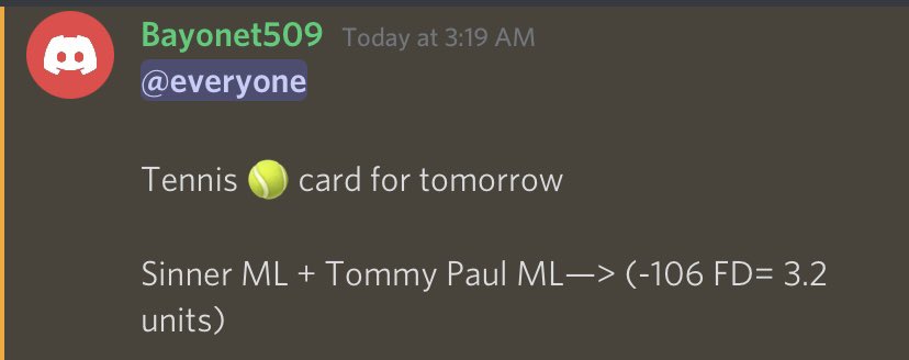 CappCollective's tweet photo. 🚨FREE PLAY🚨
🎾 Sinner/Paul ML (-106 FD)
Our guy @jr1886 LOVES this spot for them both. Paul is also backed by @ATPicks247 as one of his favorite plays of the day ✍🏻✍🏻
Shoot us a like if you’re tailing! 👍🏼👍🏼
WE’RE GOING FOR 18-2 🔥🔥🔥🔥
#GamblingTwitter #TennisPicks https://t.co/67v7OzIo5U