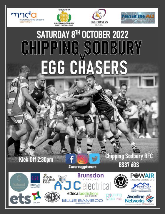 Next Game News as we pitch up to <a href="/CSRFCtweets/">Chipping Sodbury RFC</a>
Free league weekend for many so be great to see your support. Monies raised direct to <a href="/PainInTheALS/">Pain In The ALS - Fundraising for MND Families</a> <a href="/mndassoc/">MND Association</a> #weareeggchasers #forcrispy
