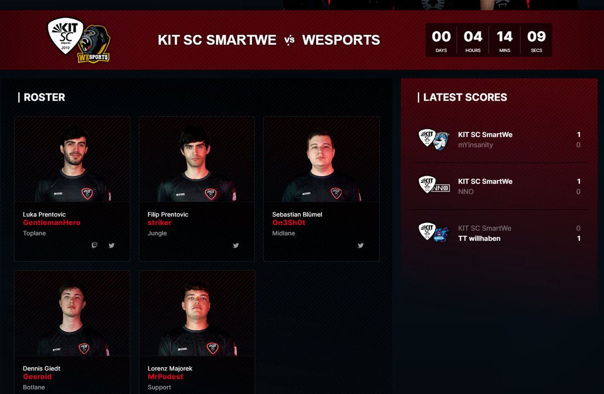 Richtig Bock auf KIT SC SmartWe? Ich auch!
Deshalb freue ich mich, heute den neuesten Teil unserer Website präsentieren zu dürfen: kitsc.gg/smartwe

Infos rund um das Team, nächste Spieltage, kürzliche Ergebnisse - für die geilste Community im E-Sport! ❤ #KITWIN