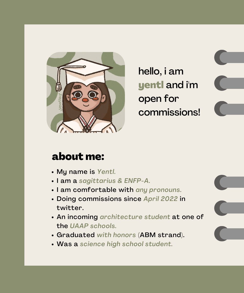 yentlart's tweet photo. ㅤ
♡ — hi, i am yentl and i am open for academic &amp; art related commissions! take your time reading my commission sheet below (◍•ᴗ•◍) affordable high-quality outputs for students like you! ♡

#yenfeeds for feedbacks
#yensamples for sample works

ㅤ #commsopen #commstwt https://t.co/3uACnD6eew