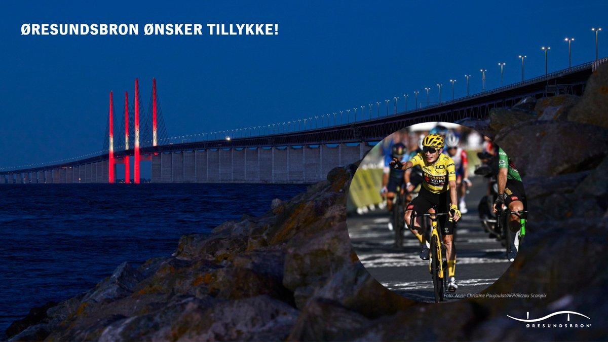 Øresundsbron hylder den danske Tour de France vinder, Jonas Vingegaard, og lyser onsdag aften pylonerne op i rødt og hvidt #letourdk #TDF2022