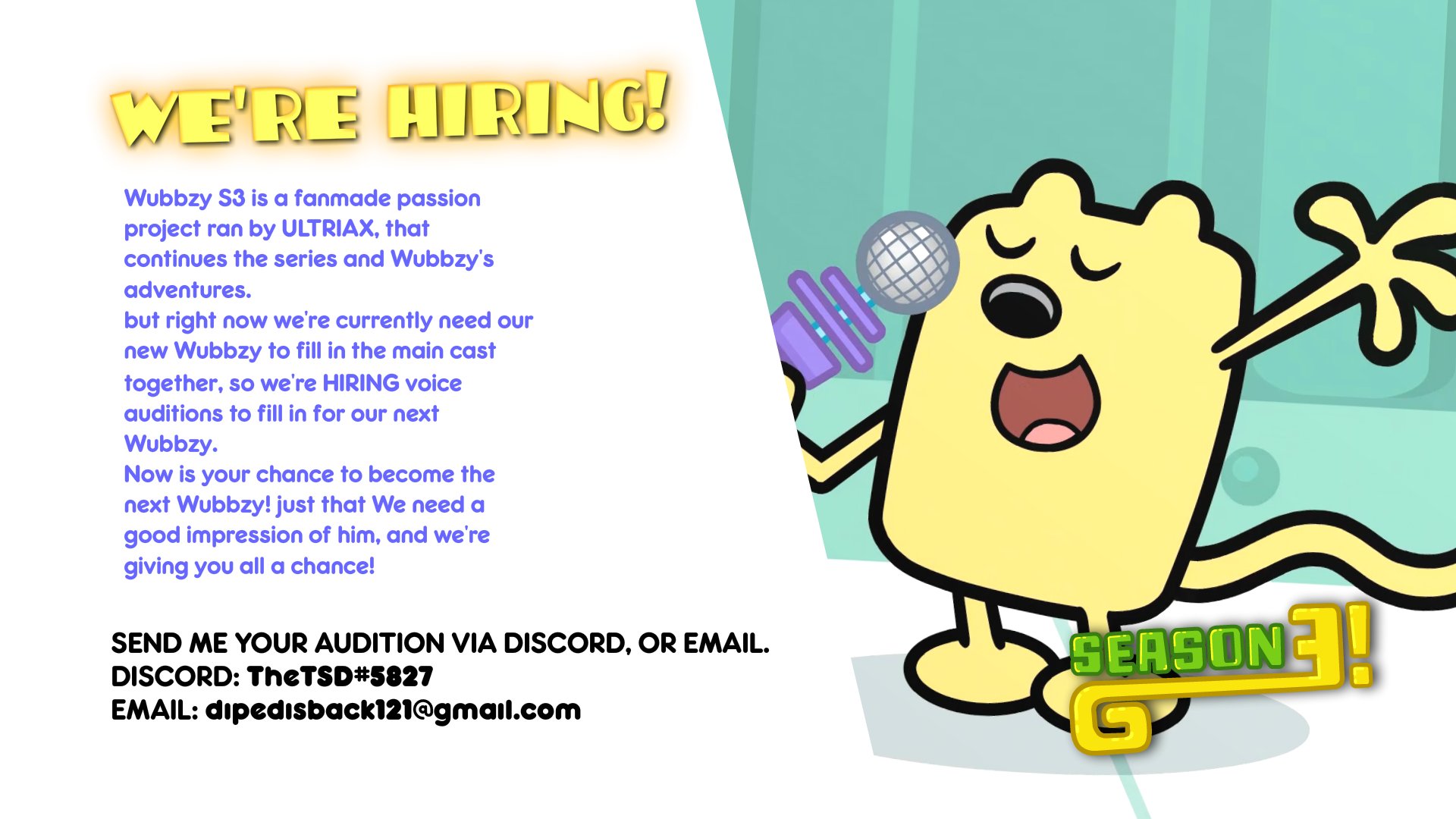TheTSD🍉 on X: Wow! Wow! Wubbzy! S3 is now hiring auditions for Wubbzys  new voice! Send in your best work via Discord, or my email. WowWowWubbzy  WowsAreBackAround WubbzyS3 also Im aware of