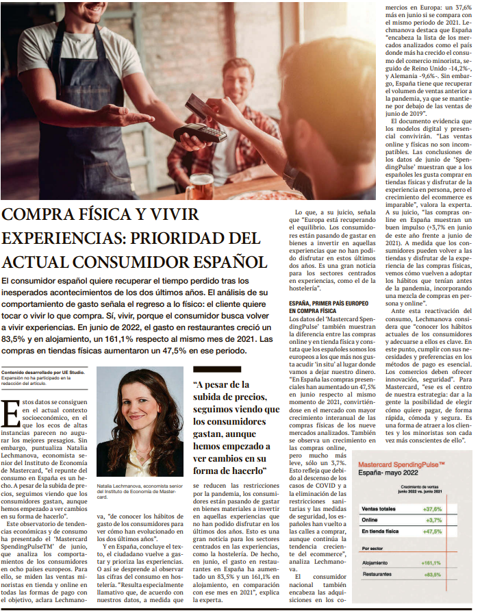MastercardES's tweet photo. Natalia Lechmachova, economista del Instituto de Economía de #Mastercard, destacó datos del #SpendingPulse en @expansioncom. ''El consumidor español quiere recuperar el tiempo perdido tras los últimos años. Quieren tocar o vivir lo que compran, buscan volver a vivir experiencias” https://t.co/vQYPpAEo3i