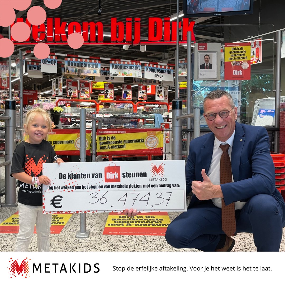 Wauw! 🤩 Er is 36.474,37 euro opgehaald met de statiegeldactie van <a href="/dirkvandenbroek/">Dirk van den Broek</a>. Daardoor is er meer onderzoek naar #MetaboleZiekten mogelijk!

Dochter Julia van vrijwilliger Jeffrey Verkuyl mocht namens Metakids de cheque in ontvangst nemen. Bedankt voor jullie bijdragen! 🤗