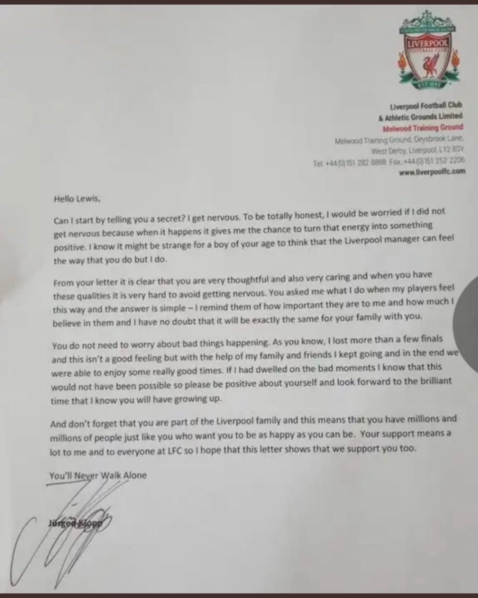 Klopp's letter to an anxious child

He VALIDATES the child

He EMBRACES HIS VULNERABILITY, SHARES his experiences with anxiety &amp; NORMALISES them

He DIGNIFIES child &amp; RECOGNISES his qualities

He tells the child they are part of a family

Klopp the ultimate psychiatrist &amp; leader!