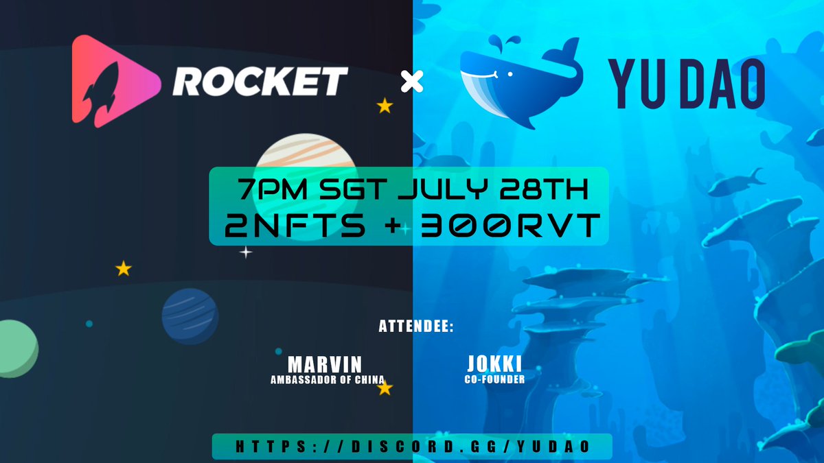 RocketVideos3's tweet image. 🚀Rocket Video's #AMA with YuDao

🎁Airdop:  300RVT + 2NFTs
⏱Time: 7PM, 28th July, SGT
🏠Venue: discord.gg/yudao

👉Follow+RT+Like+Comment+Tag 3
#Airdrop #Watch2Earn #PancakeSwap #RVT #SocialFi