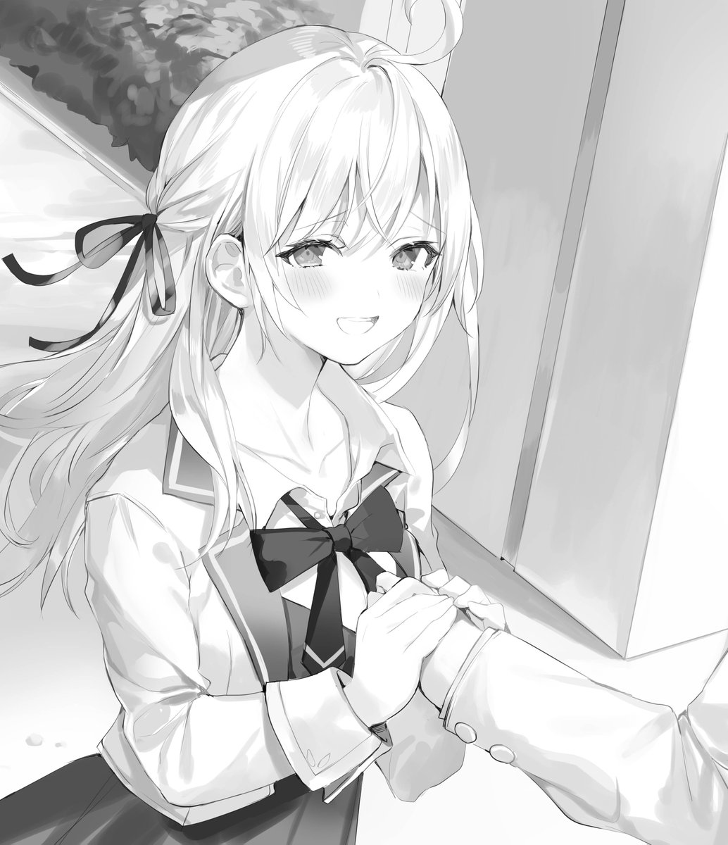 1girl greyscale monochrome long hair hair ribbon blush smile  illustration images