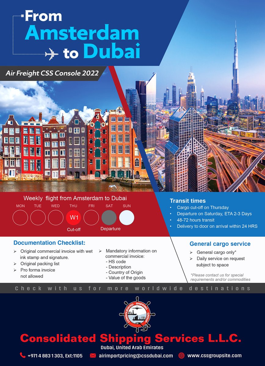 CSSGroups's tweet image. CSS AIR FREIGHT CONSOLE | AMSTERDAM TO DUBAI | CSS GROUP
Visit cssgroupsite.com/our-services/a… for more details
#CSSgroup #amsterdam #dubai #airfreight #toplogisticscompany #shippingcompany