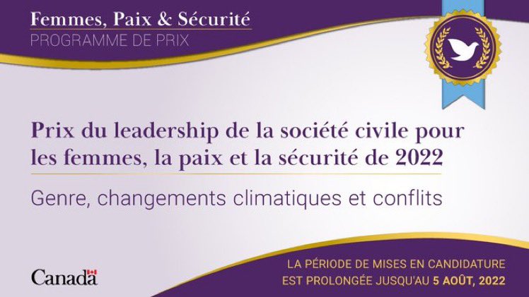JeunePaix's tweet photo. 📢La période de mises en candidature pour les #PrixFPS a été prolongée jusqu'au 5 août! Aidez-nous à reconnaître les personnes &amp; organisations qui font avancer le programme #FemmesPaixSécurité ds le contexte du genre, changements climatiques &amp; conflits.
👉https://t.co/tNjFjJiBTo https://t.co/walBXOSyif