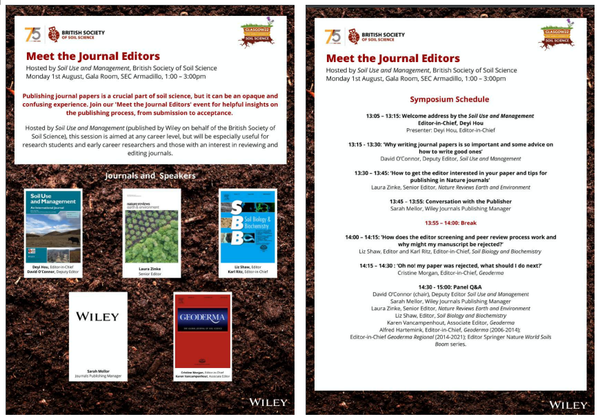 Geoderma_Jrnl's tweet photo. You are very much invited to the "Meet the Journal Editors" symposium at @WorldSoils2022 in #GLASGOW next week, where you can meet editors from @SUMjournal, @NatRevEarthEnv, @GeodermaR,  @SoilBiolBiochem as well as our @Geoderma_Jrnl Editors Cristine Morgan and @k_oron! https://t.co/9VFBM8Z4Z2